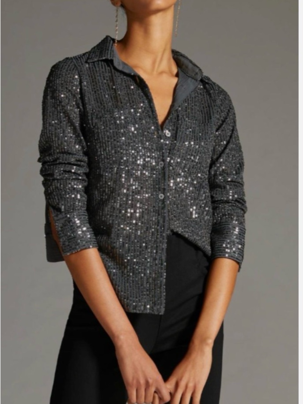 Anthropologie Gray Sequin Button Down Blouse